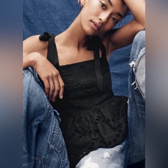 J. Crew Black Tie Shoulder Eyelet Top - Picture 2 of 5